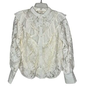 Fanco Women Lace Ruffle Embroidered Front Button Blouse Top S Coquette Victorian